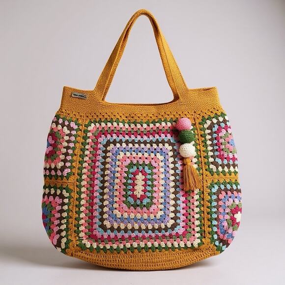 Mustard Crochet Granny Square Tote Bag Handmade Colorful Boho Shoulder - Picture 1 of 10